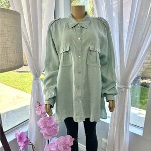 emma sofia Linen Button Up Roll Tab Long Sleeve Lagenlook Blouse Top Size XXL